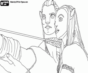 Colorear El avatar na'vi de Jake y Neytiri preparados para lanzar una flecha