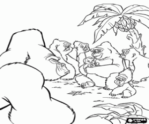 Colorear El beb� Tarz�n en brazos de su madre adoptiva, la gorila Kala, con el resto de la manada y bajo la mirada de Kerchak, el macho dominante
