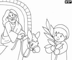 Colorear El Domingo de Ramos, un ni�o con un ramo de laurel delante de Jes�s
