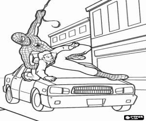 Colorear El hombre ara�a, el superh�roe, salvando a un ni�o de ser atropellado por un coche en una calle de Nueva York