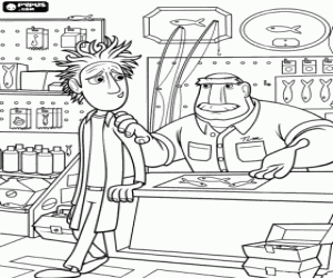 Colorear El inventor Flint escuchando los consejos de su padre Tim en la tienda de pesca 