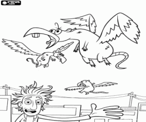 Colorear El joven investigador Flint Lockwood y uno de sus inventos, los p�jaros rata
