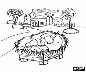 Colorear El Ni�o Jes�s durmiendo en el pesebre con la Estrella de Bel�n sobre la ciudad