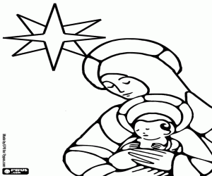 Colorear El ni�o Jes�s en brazos de su madre Maria con la estrella al fondo