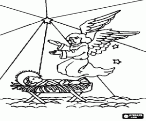 Colorear El Ni�o Jes�s en el pesebre con la protecci�n de un �ngel y bajo la luz de la Estrella de Bel�n