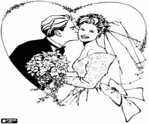 Colorear El novio besando a la novia despues de la boda dentro de un gran coraz�n