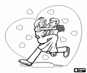 Colorear El novio con la novia en brazos entre muchos corazones