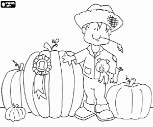 Colorear El pay�s con un peque�o cerdito y con sus calabazas, entre ellas la n�mero 1, la m�s grande y ganadora del concurso de calabazas