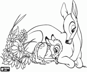 Colorear El peque�o Bambi acurrucado junto a su madre