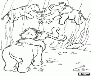 Colorear El peque�o mamut observando con curiosidad las pinturas rupestres en la roca de la caverna