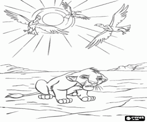 Colorear El peque�o Simba sediento y cansando en el desierto bajo el sol radiante y con el amenazante vuelo de los buitres