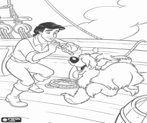 Colorear El pr�ncipe Eric jugando con su perro Max a bordo del barco