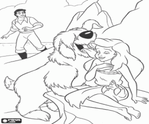 Colorear El pr�ncipe Eric y su perro Max encuentran a Ariel, ya convertida en mujer, en la playa