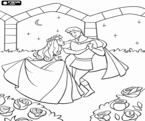 Colorear El pr�ncipe y la princesa, Felipe y Aurora, bailando enamorados en el jard�n bajo las estrellas