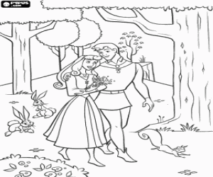 Colorear El pr�ncipe y Rosa, la bella durmiente, paseando enamorados por el bosque