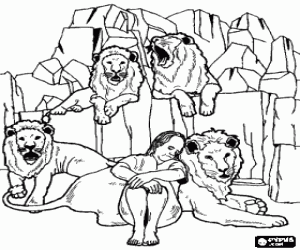 Colorear El profeta Daniel durmiendo tranquilamente en el foso de los leones
