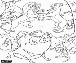 Colorear El reencuentro de Simba y Nala, junto con Pumba y Timon