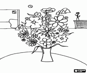 Colorear El regalo de mam� encima de la mesa del comedor, un bonito ramo de flores