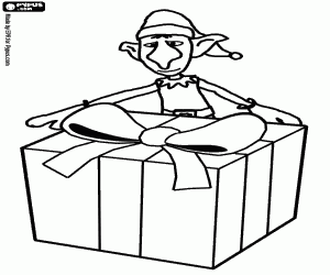 Colorear Elfo de Navidad con una gran caja de regalo