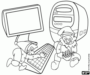 Colorear Elfos de Pap� Noel preparando el regalo de un ordenador