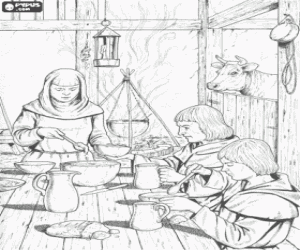 Colorear Escena del interior de la vivienda de una familia hum�lde de campesinos a la hora de la comida