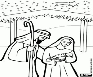 Colorear Escena del Nacimiento de Jes�s en un establo cerca de Bel�n bajo un cielo estrellado