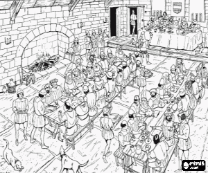 Colorear Escena medieval de una cena en el sal�n del palacio o castillo con la actuaci�n del buf�n y los m�sicos delante de la mesa principal