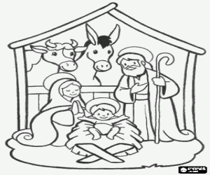 Colorear Escena principal del Pesebre con la Sagrada Familia en un establo junto con el buey y la mula