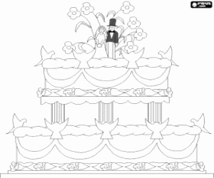 Colorear Espectacular pastel nupcial de dos pisos y adornado con las figuritas de los novios