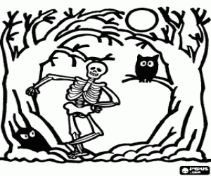 Colorear Esqueleto y b�ho en el bosque con luna llena en la noche de Halloween
