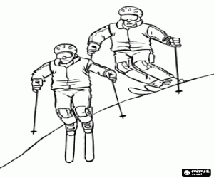 Colorear Esquiadores realizando un descenso por una pista de pendiente pronunciada