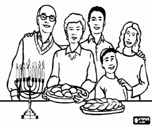 Colorear Familia en la celebraci�n del J�nuca con el candelabro januqui� y los alimentos tipicos de la fiesta levivot y sufgainot