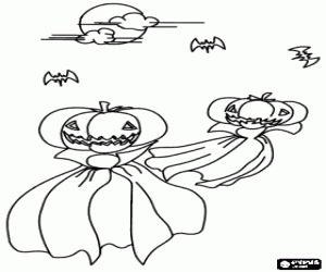 Colorear Fantasmas con capa y cabeza de calabaza volando con los murci�lagos la noche de Halloween