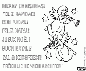 Colorear Felicitaci�n de Navidad con dos �ngeles m�sicos entre las estrellas