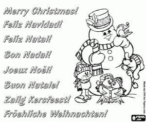 Colorear Felicitaci�n navide�a con un mu�eco de nieve y sus amigos animales