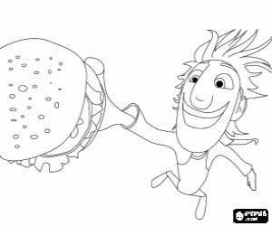 Colorear Flint atrapando una hamburgesa que cae del cielo