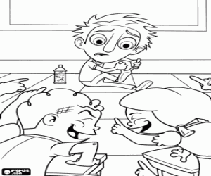 Colorear Flint ni�o en la escuela recibiendo las burlas de sus compa�eros de clase por los resultados desastrosos de sus inventos
