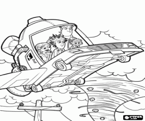 Colorear Flint y sus amigos observando el tornado de comida desde su coche volador