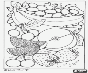 Colorear Fruta variada: uva, pl�tanos, cerezas, media manzana, gajos de naranja y fresas