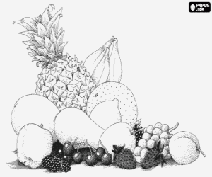 Colorear Frutas variadas: pi�a, pl�tanos, mel�n, manzana, pera, lim�n, uva, cerezas, fresas, melocot�n y frambuesas