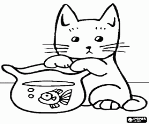 Colorear Gatito jugando con una pecera
