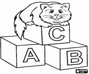 Colorear Gato descansando encima de unos cubos de letras