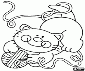 Colorear Gato sonriente jugando con un ovillo de lana