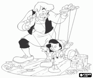 Colorear Geppeto manipulando la marioneta de madera que acaba de fabricar