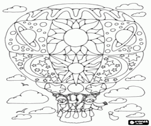 Colorear Globo aerost�tico decorado volando con dos pasajeros