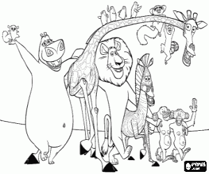 Colorear Gloria la hipop�tamo, Melman la jirafa, Alex el le�n, Marty la cebra con otros protagonistas de las aventuras