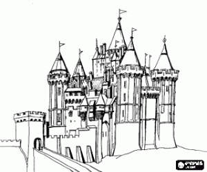 Colorear Gran castillo con su puente y torre de acceso