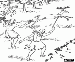 Colorear Grupo de cazadores de Cromagnon o Croma��n persiguiendo un venado con sus lanzas