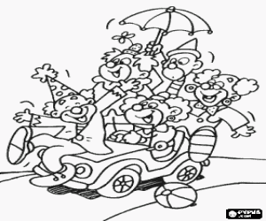 Colorear Grupo de cinco payasos sobre un peque�o coche en una actuaci�n en el circo
