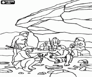Colorear Grupo de hombres de Neanderthal bajo la protecci�n de un abrigo rocoso, los individuos realizando distintas actividades: unos tallando piedras, otros preparando la caza y una mujer amantando